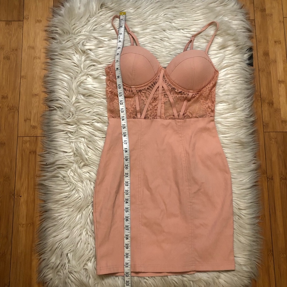 Haute Monde Corset Lace See Through Bodycon Flirty Coral Pink Mini Dress size L - Picture 13 of 13